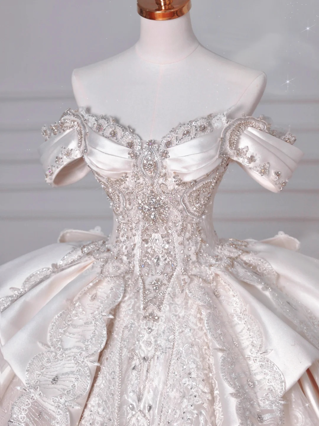 Timeless Ball Gown Off The Shoulder Satin Tulle Lace Sequin Beads Long Wedding Dresses