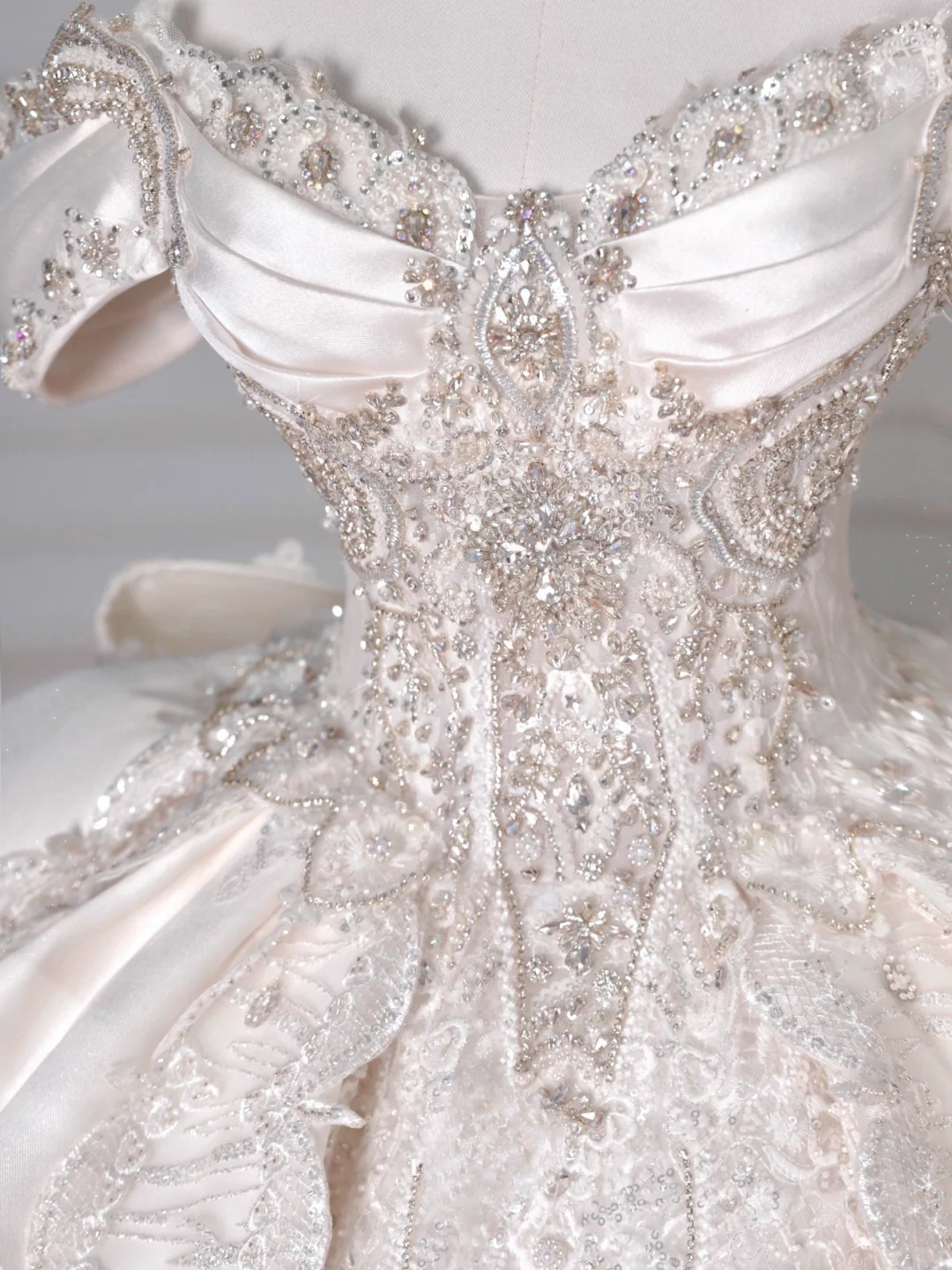 Timeless Ball Gown Off The Shoulder Satin Tulle Lace Sequin Beads Long Wedding Dresses