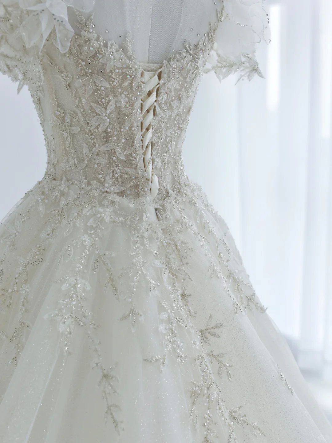 Unique A Line Tulle Sequin Beads Applique Short Sleeves Long Wedding Dresses