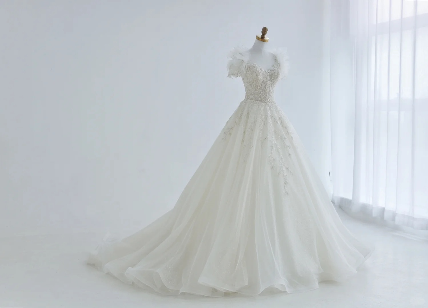 Unique A Line Tulle Sequin Beads Applique Short Sleeves Long Wedding Dresses