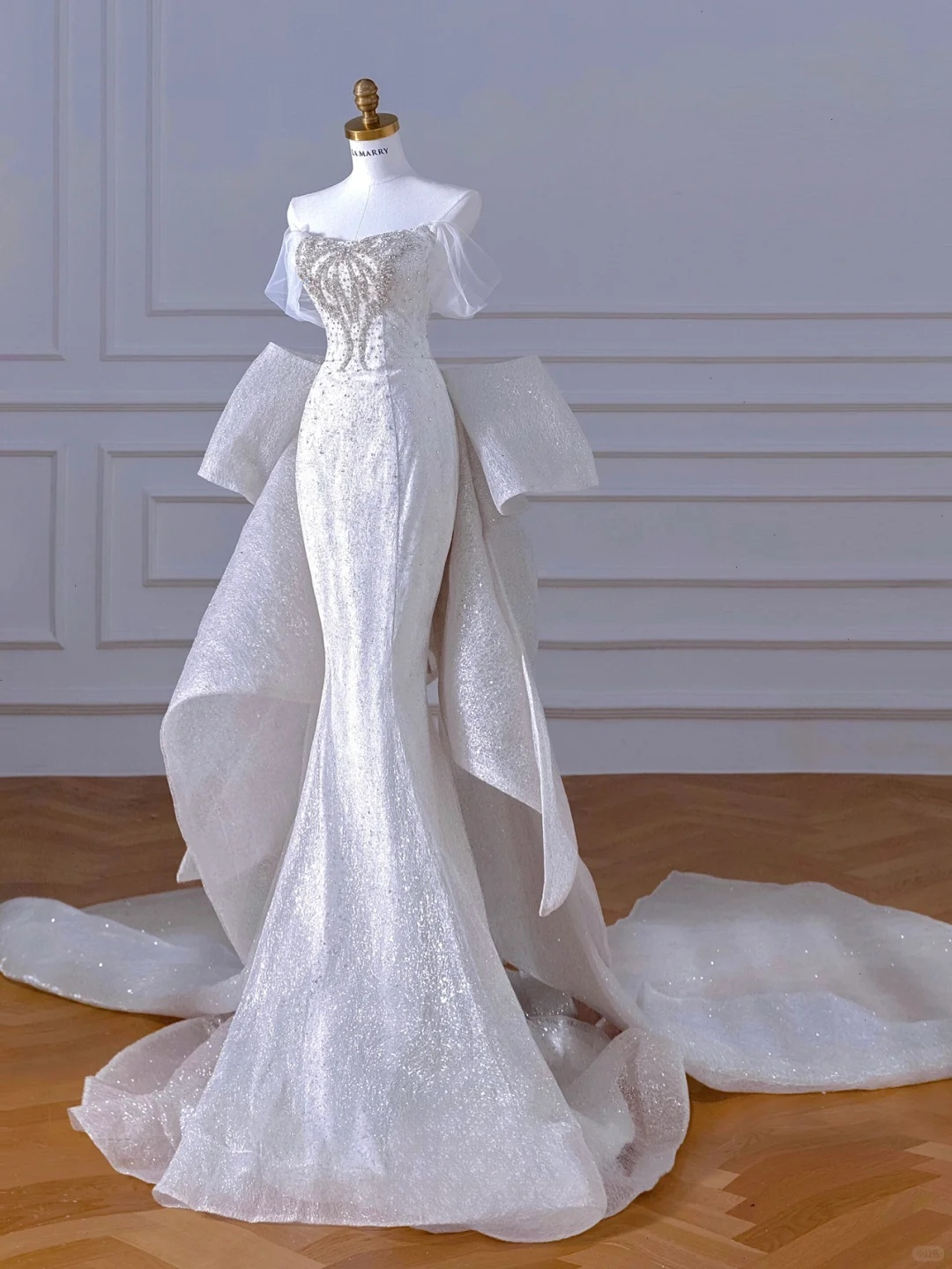 Glitter Mermaid Off The Shoulder Satin Sequin Beads Back With Bow Long Wedding Dresses