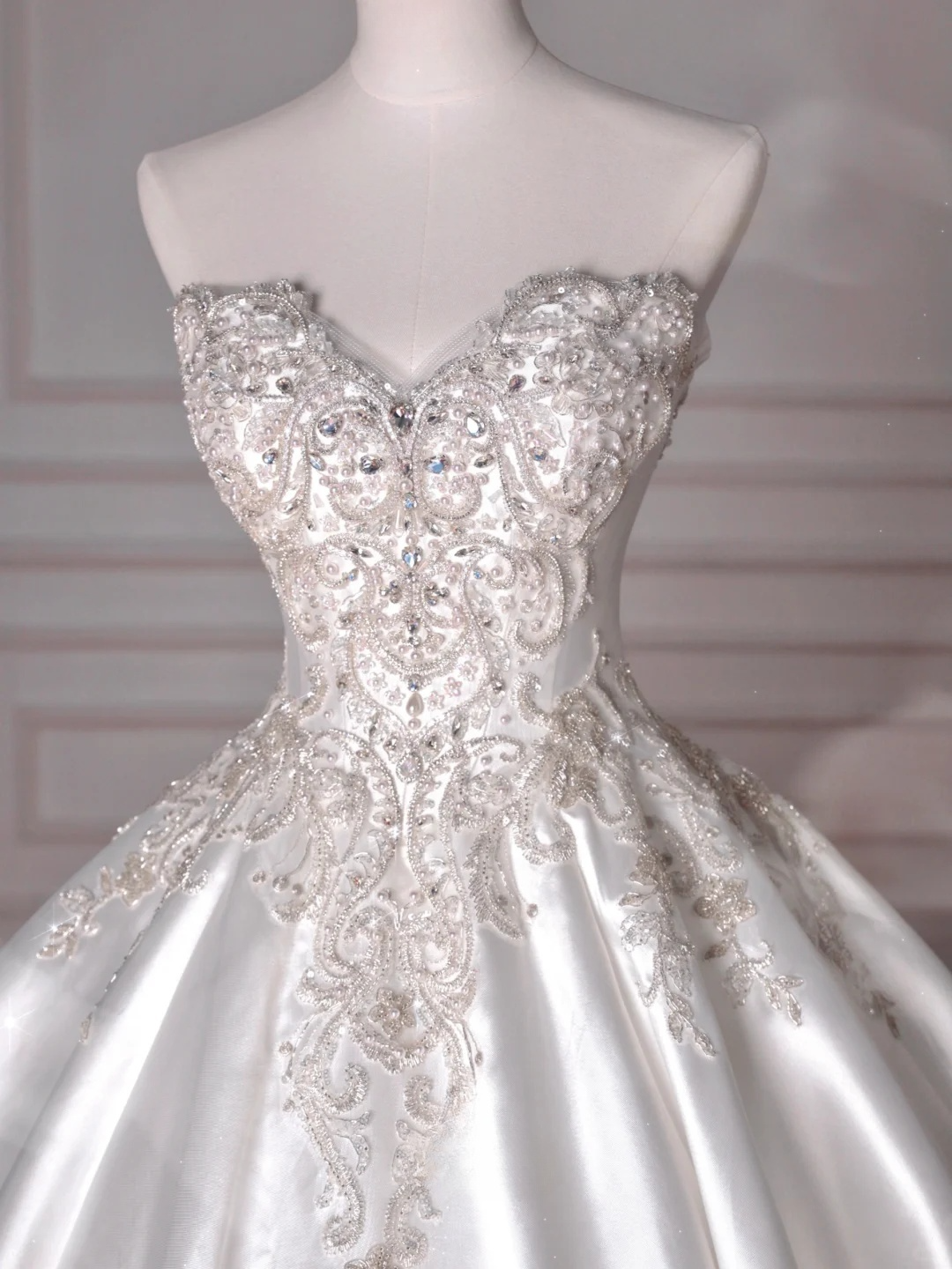Dreamy Ball Gown Strapless Satin Sequin Beads Long Wedding Dresses