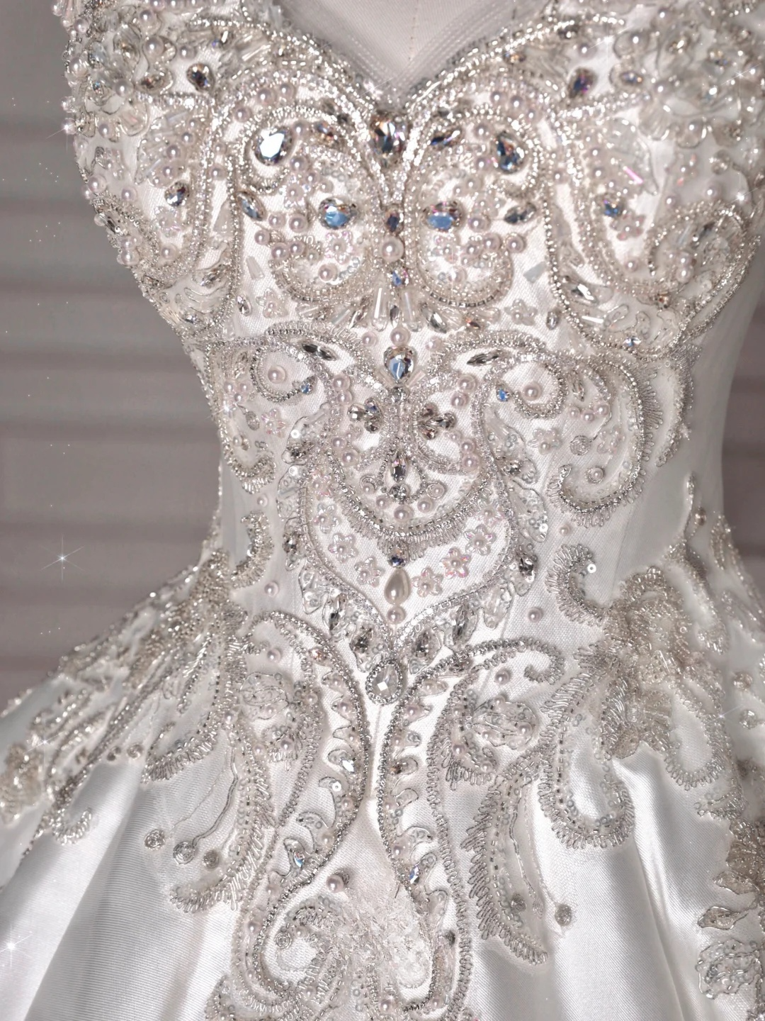 Dreamy Ball Gown Strapless Satin Sequin Beads Long Wedding Dresses