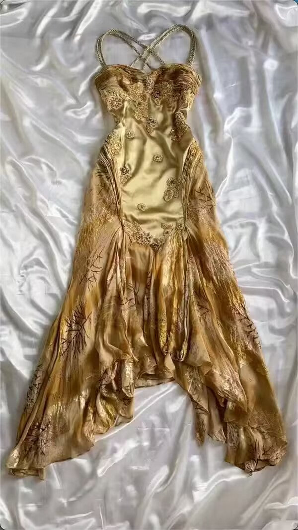 Gold Charming A Line Spaghetti Straps Satin Chiffon Printed Applique Long Prom Dresses Formal Dress