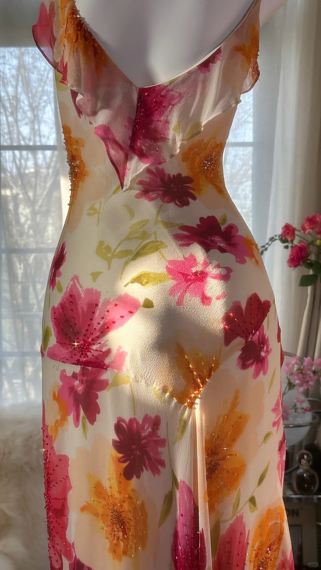 Sexy Mermaid Spaghetti Straps Chiffon Printed Flowers Beads Long Prom Dresses Formal Dress