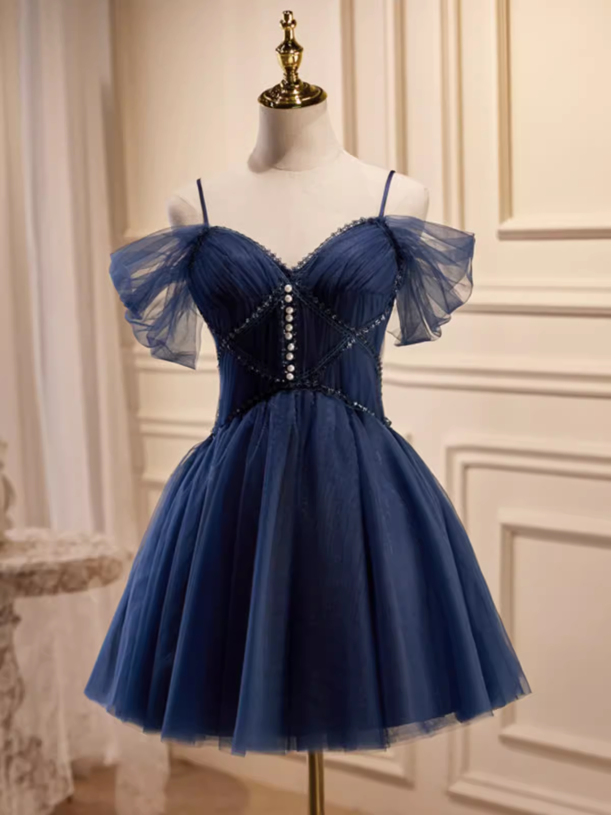 Elegant Ball Gown Straps Tulle Party Dress Navy Blue Homecoming Dresses