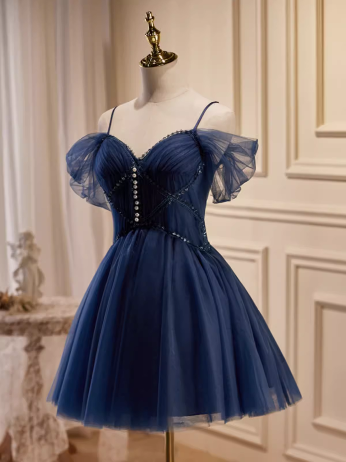Elegant Ball Gown Straps Tulle Party Dress Navy Blue Homecoming Dresses