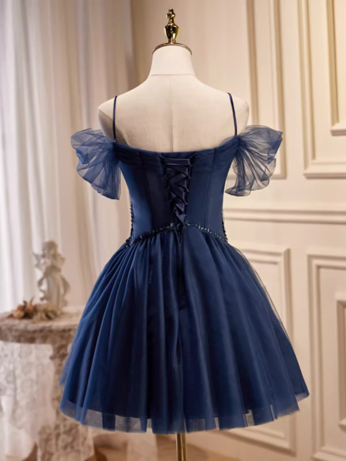 Elegant Ball Gown Straps Tulle Party Dress Navy Blue Homecoming Dresses