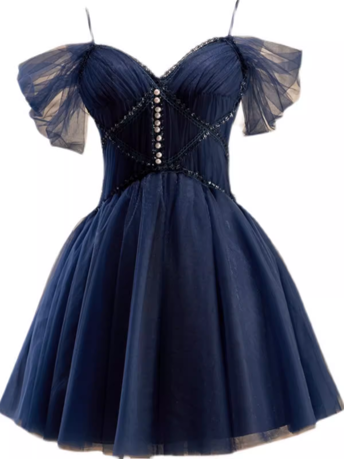 Elegant Ball Gown Straps Tulle Party Dress Navy Blue Homecoming Dresses