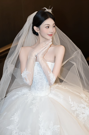 Dreamy Ball Gown Strapless White Tulle Lace With Gloves Veil Long Wedding Dresses