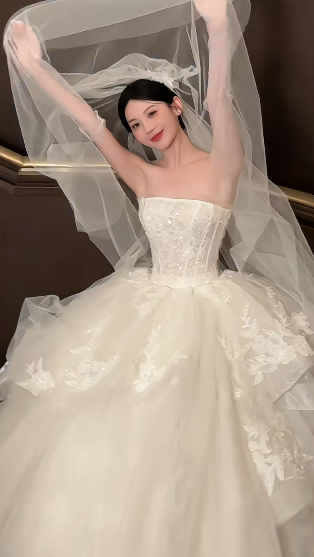 Dreamy Ball Gown Strapless White Tulle Lace With Gloves Veil Long Wedding Dresses
