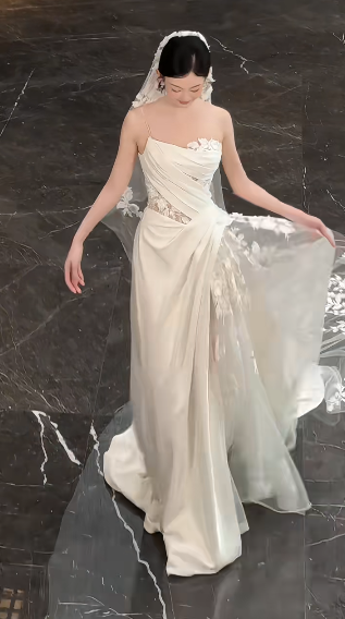 Timeless A Line One Shoulder Strap Satin Tulle Applique With Veil Long Wedding Dresses
