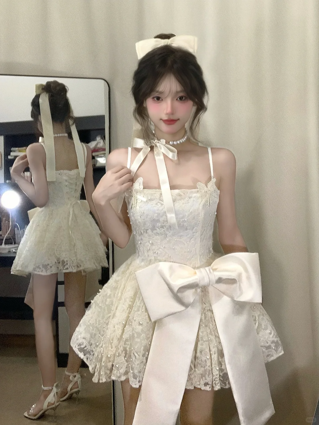 Pretty A Line Sapghetti Straps Lace With Bow Short Homecoming Dress 18th Birthday Outfits