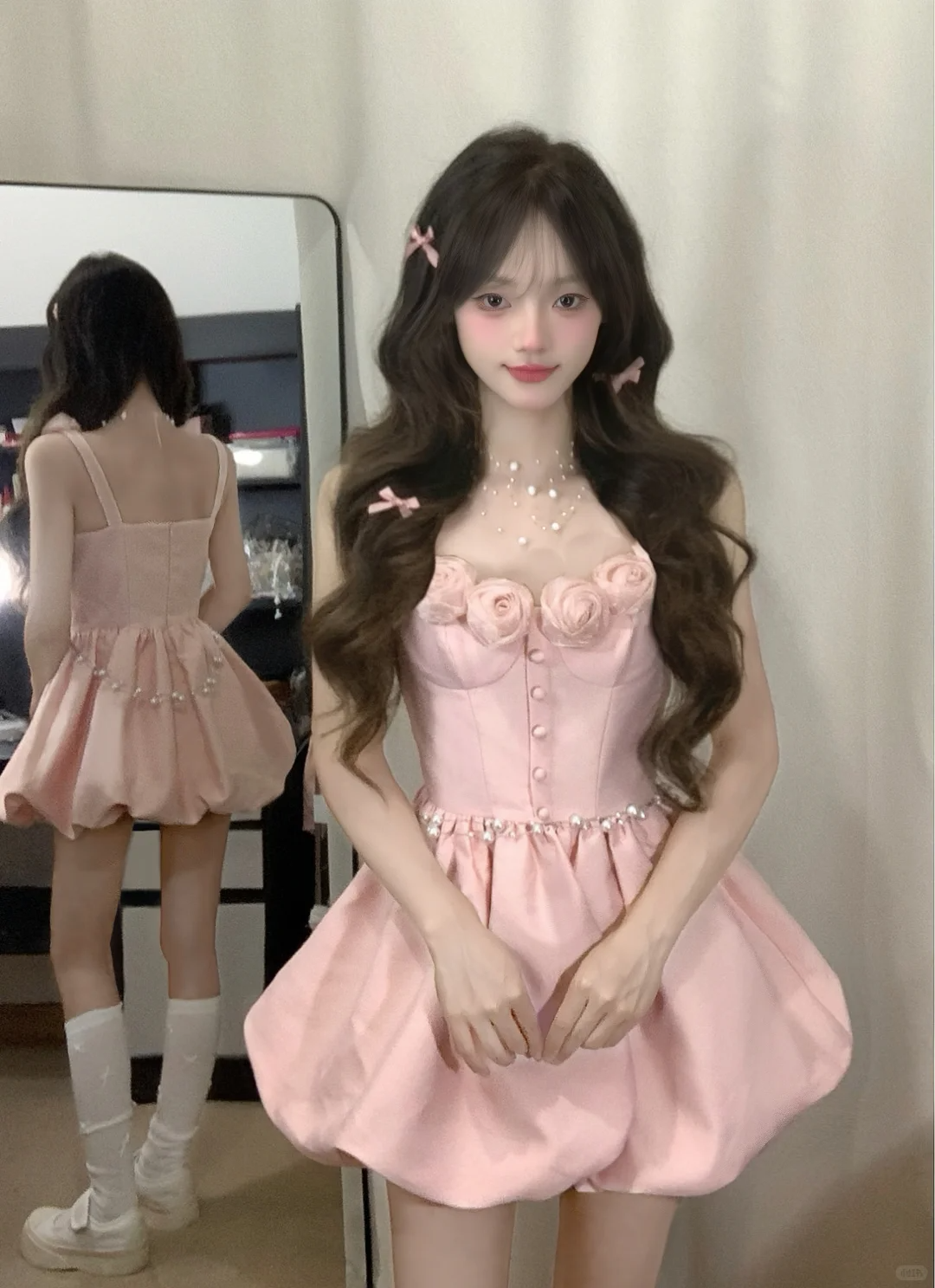 Pink A Line Spaghetti Straps Satin Flowers Short Homecoming Dress 18th Birthday Outfits