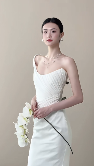 Elegant Mermaid One Shoulder Satin Pleated Long Wedding Dresses