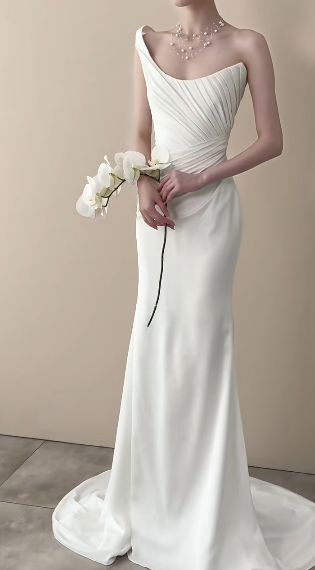 Elegant Mermaid One Shoulder Satin Pleated Long Wedding Dresses