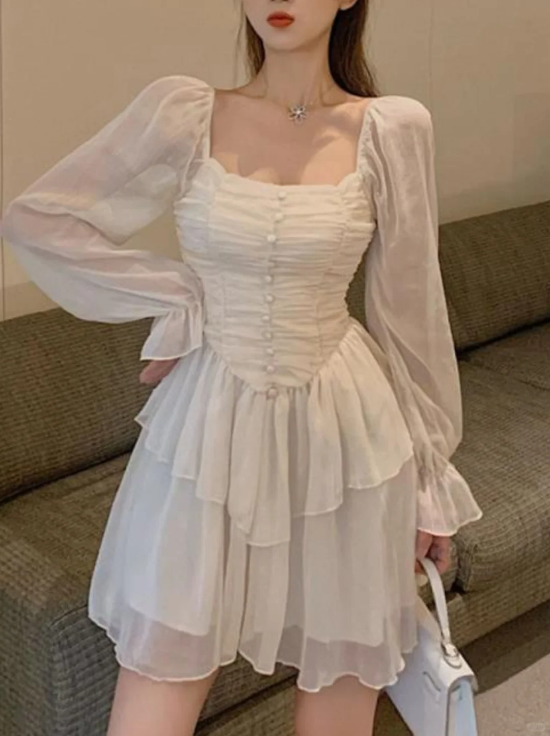Pretty A Line Square Satin Chiffon Long Sleeves Short Homecoming Dress 17th Birthday Outfits