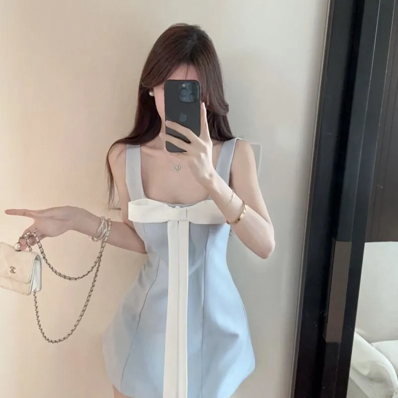 Cute Pale Blue A Line Square Satin Bow Short Homecoming Dress 16th Birthday Outfits