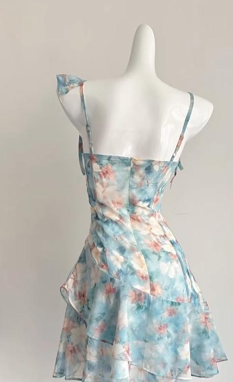 Chic A Line Spaghetti Straps Chiffon Printed Short Homecoming Dress 19th Birthday Outfits