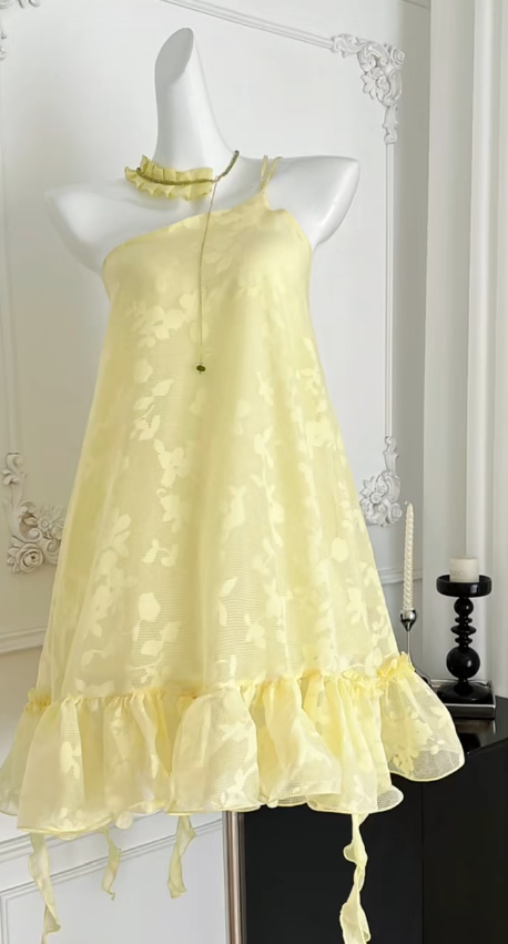 Pastel Yellow A Line One Shoulder Strap Chiffon Applique Short Homecoming Dress 17th Birthday Outfits