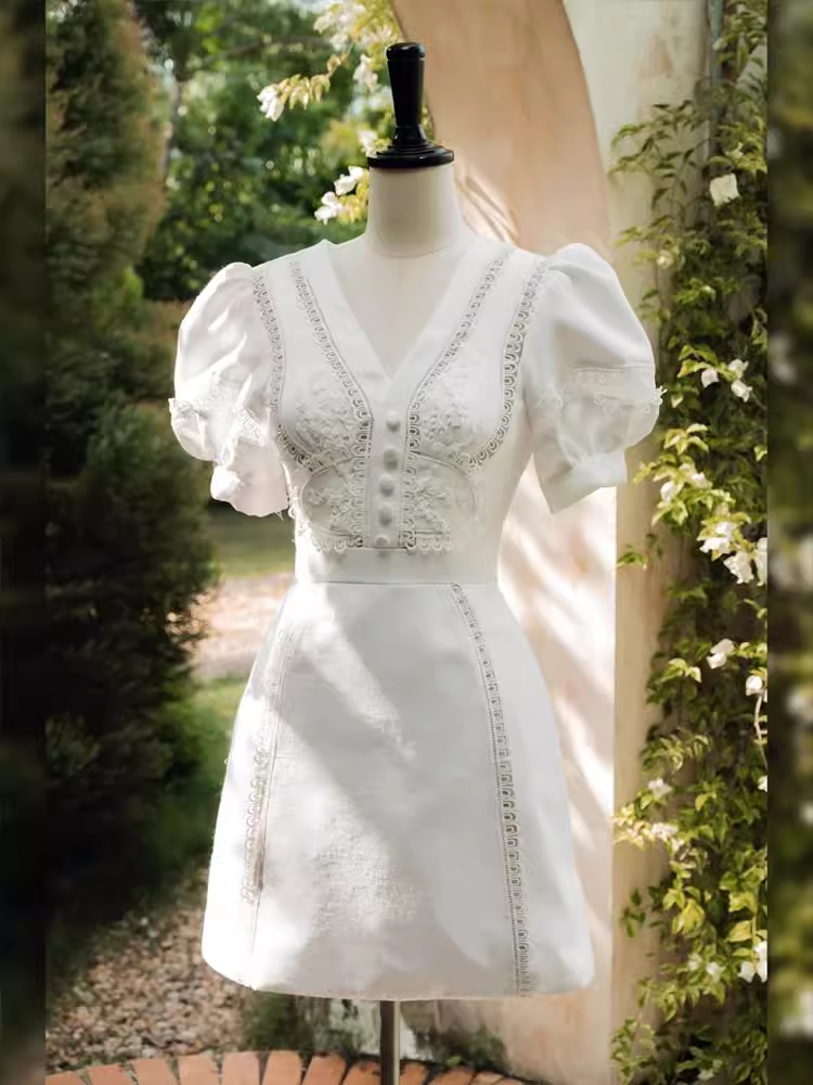 Simple A Line V neckline Lace Birthday Dress White Homecoming Dresses