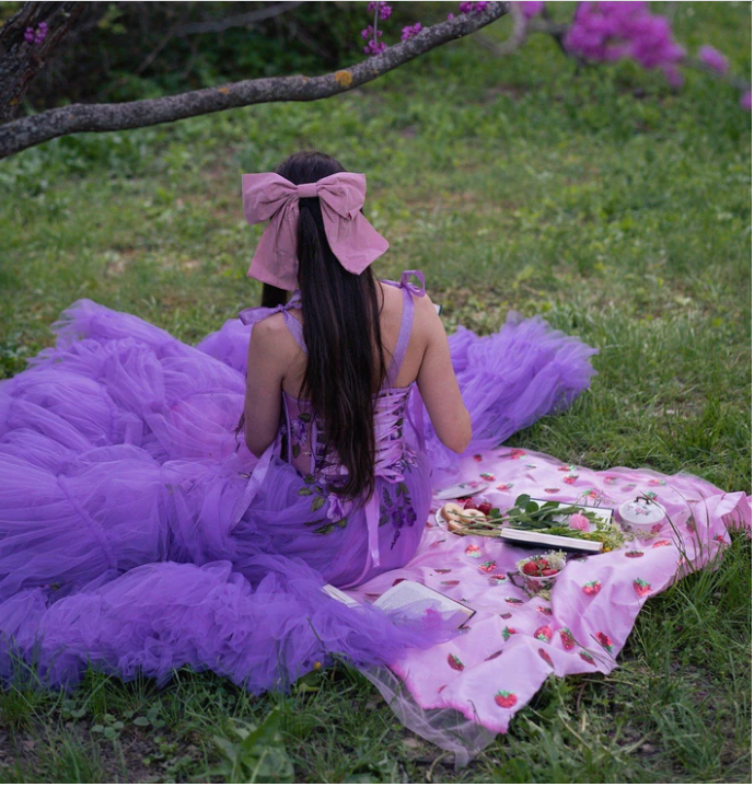 Purple A line Tulle Prom Dresses with Side Slit, Appliques Party Dress