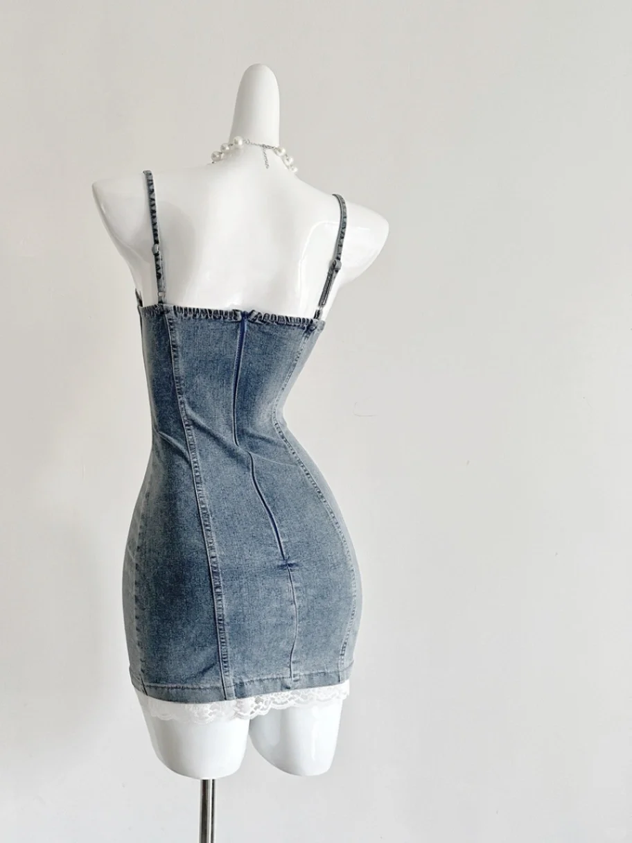 Chic 18th Mermaid Spaghetti Straps Denim Satin Lace Short Homecoming Dress Birthday Outfits