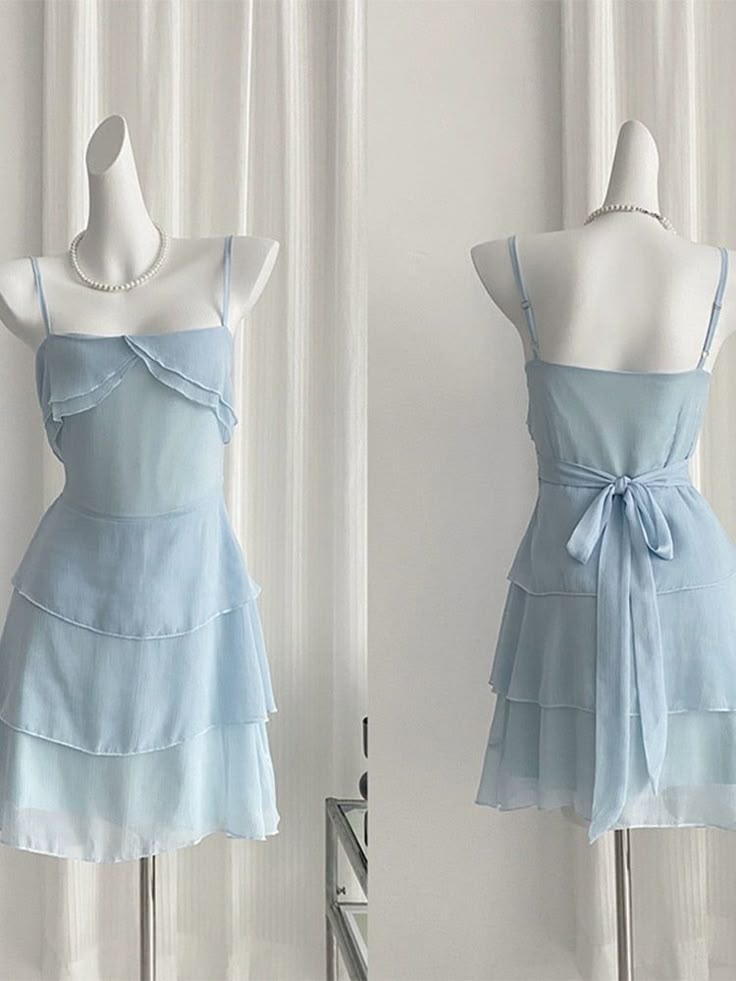 Cute Pale Blue A Line Spaghetti Straps Chiffon Tiered Short Homecoming Dress 17th Birthday Outfits