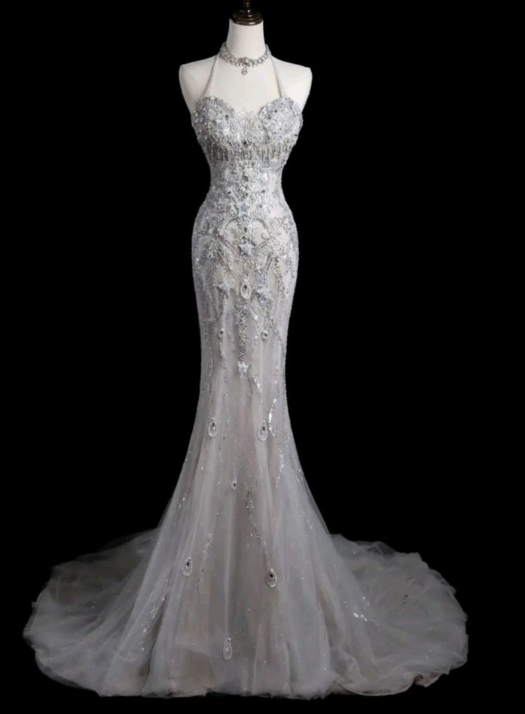 Gorgeous Mermaid Halter Tulle Sequin Beads Long Prom Dresses Formal Dress