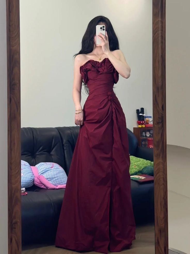 Elegant A Line Strapless Burgundy Satin Long Prom Dresses Formal Dress