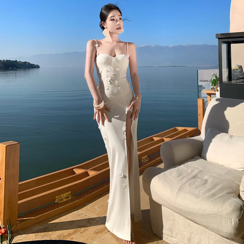 Elegant Mermaid Spaghetti Straps White Satin Applique Slit Long Prom Dresses Formal Dress
