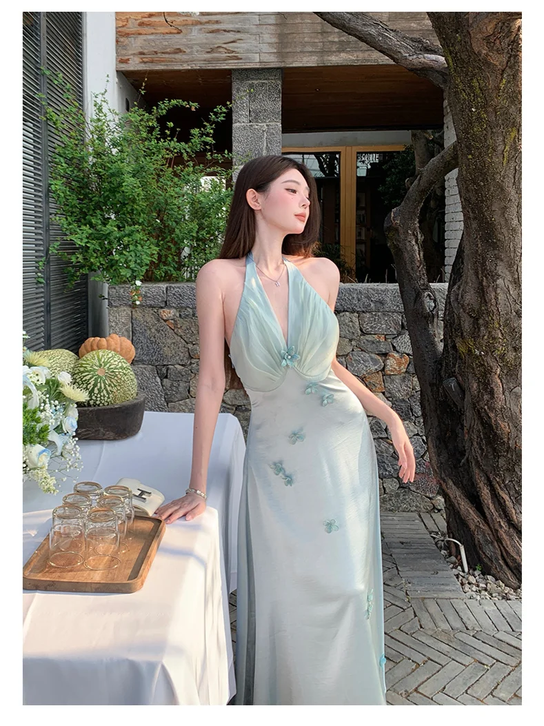 Chic A Line Halter Satin Chiffon Long Prom Dresses Formal Dress