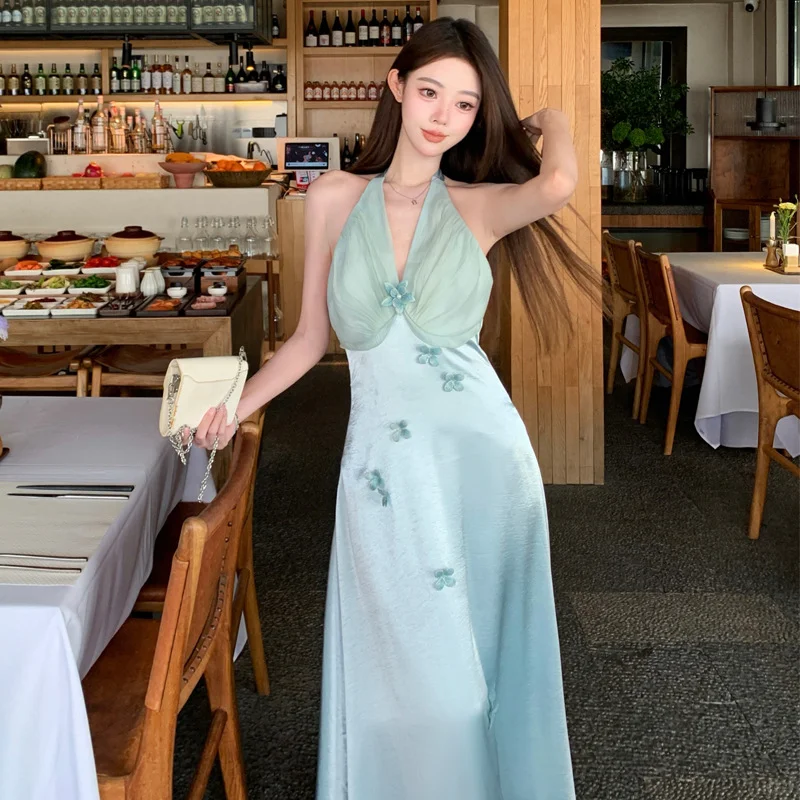 Chic A Line Halter Satin Chiffon Long Prom Dresses Formal Dress