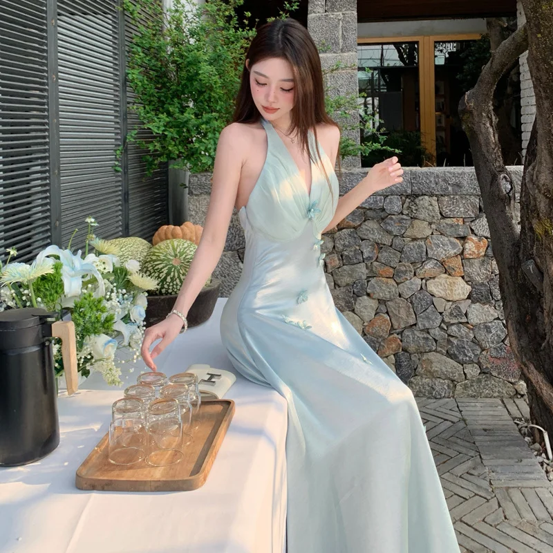 Chic A Line Halter Satin Chiffon Long Prom Dresses Formal Dress