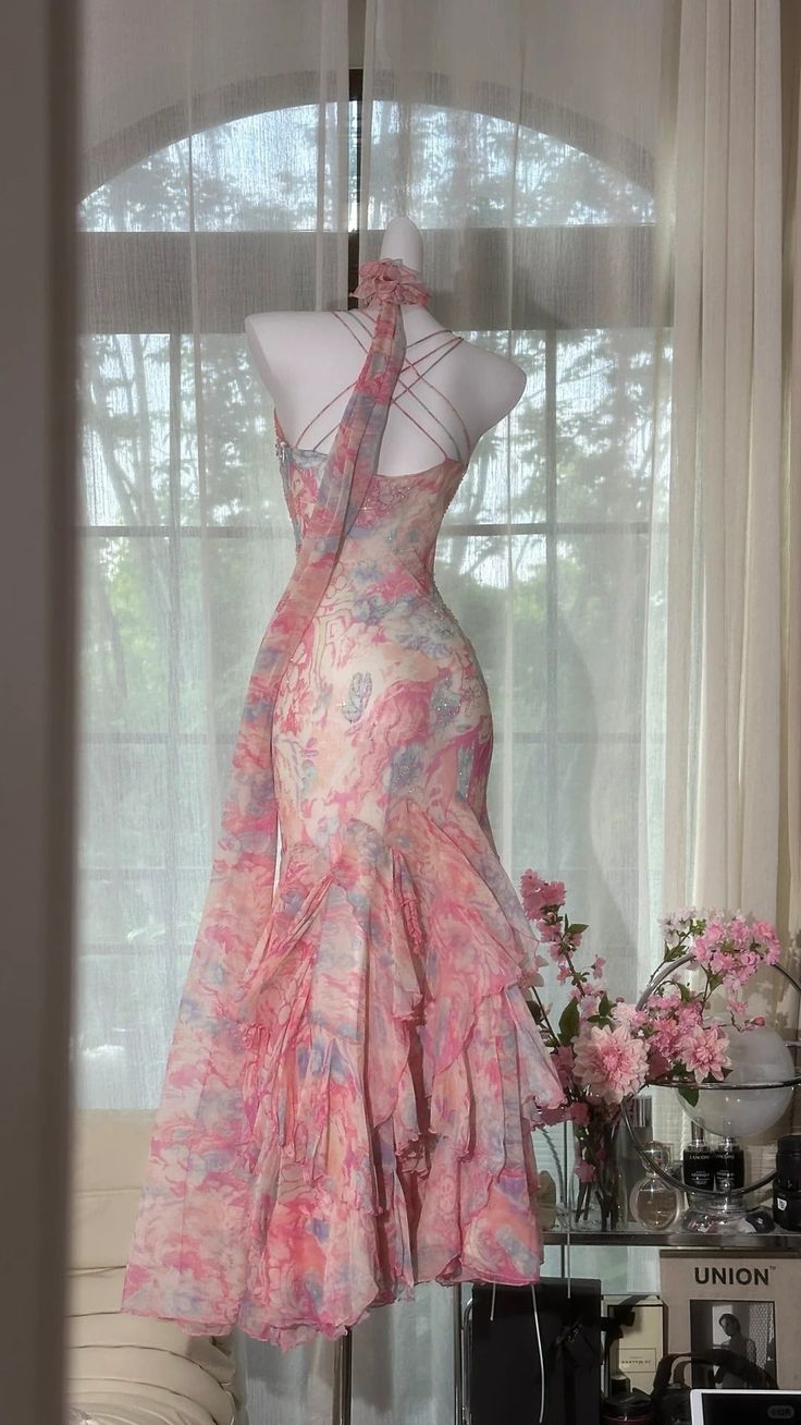 Stunning Mermaid Spaghetti Straps Chiffon Printed Long Prom Dresses Formal Dress