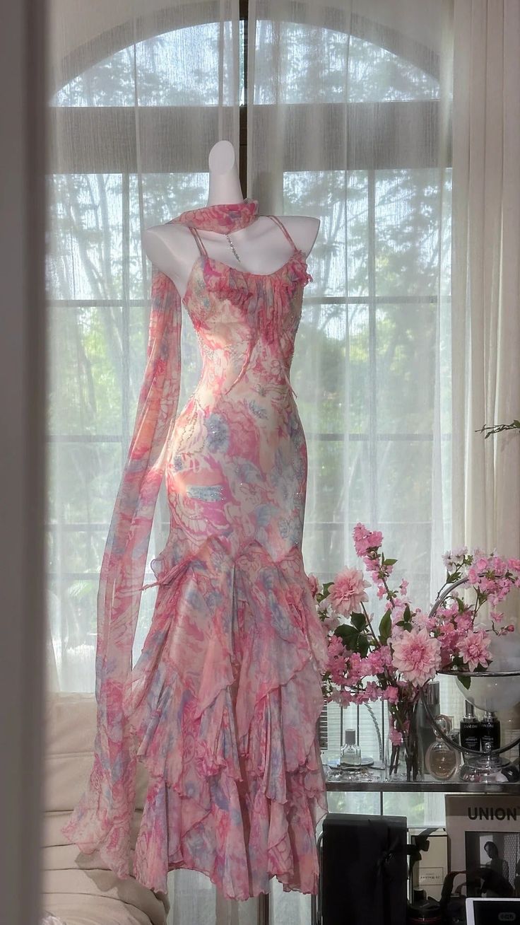 Stunning Mermaid Spaghetti Straps Chiffon Printed Long Prom Dresses Formal Dress