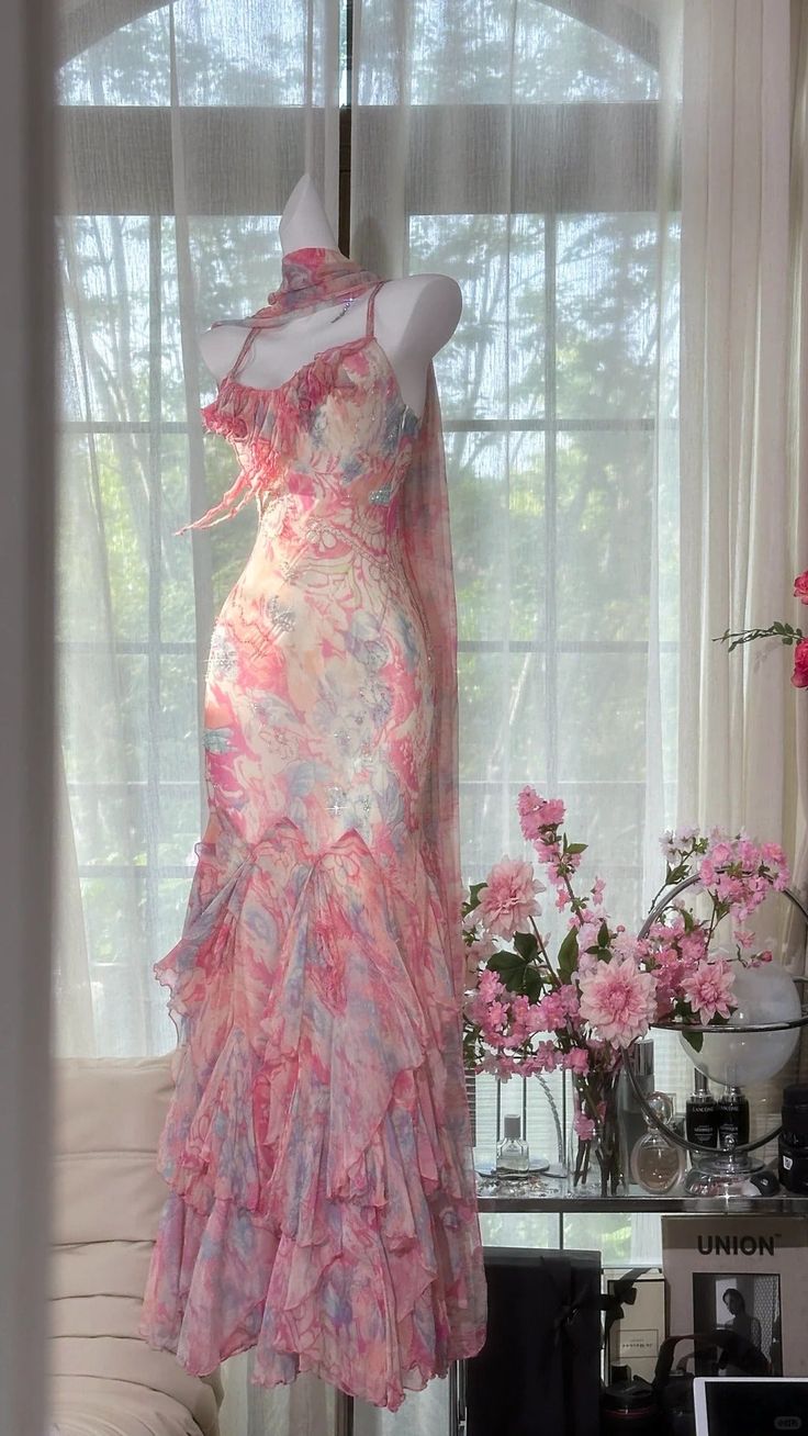 Stunning Mermaid Spaghetti Straps Chiffon Printed Long Prom Dresses Formal Dress
