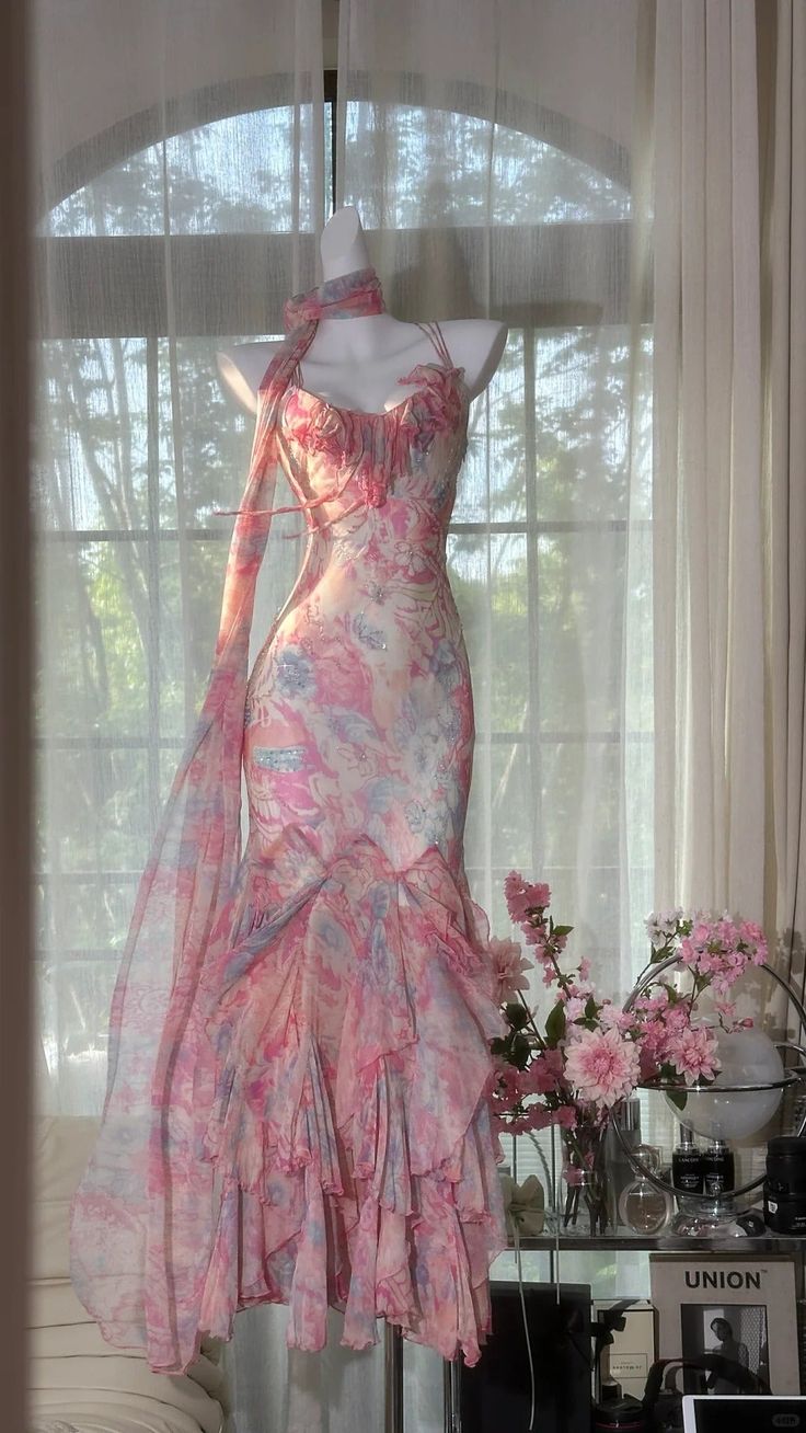 Stunning Mermaid Spaghetti Straps Chiffon Printed Long Prom Dresses Formal Dress