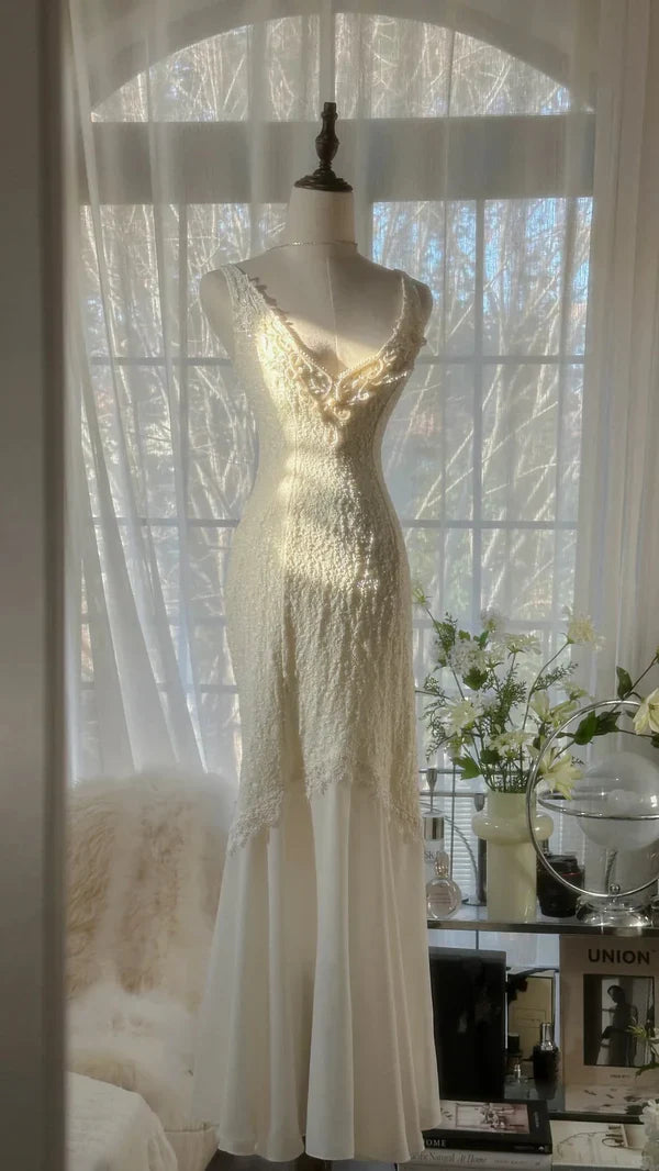 Unique Mermaid V Neck Satin Chiffon Long Prom Dresses Formal Dress