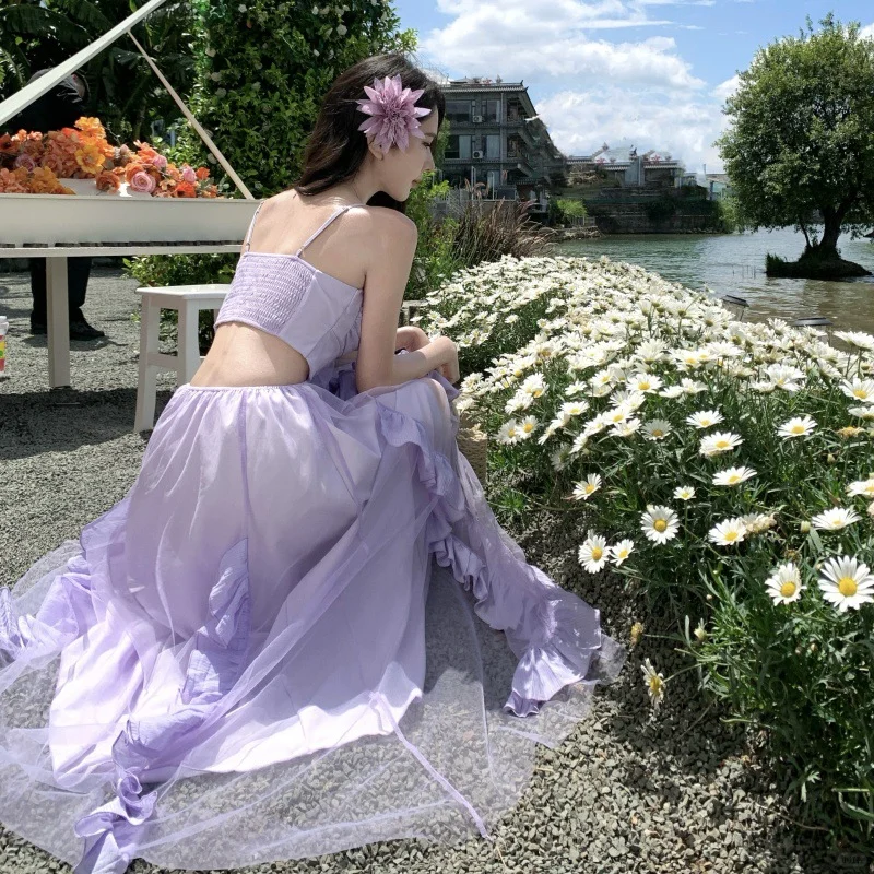 Lilac A Line Spaghetti Straps Satin Tulle Ruffles Long Prom Dresses Formal Dress