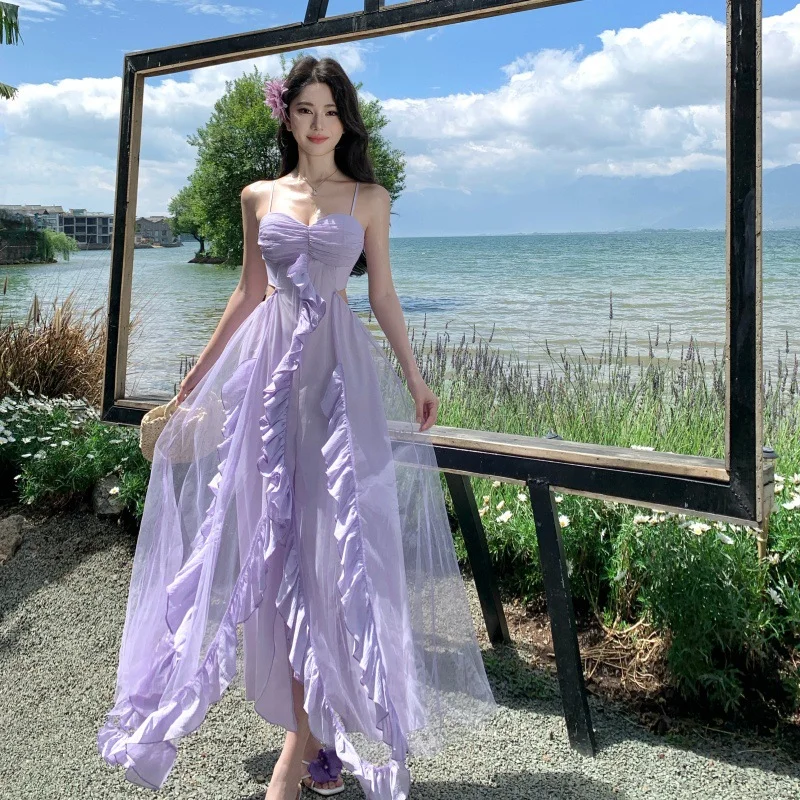 Lilac A Line Spaghetti Straps Satin Tulle Ruffles Long Prom Dresses Formal Dress