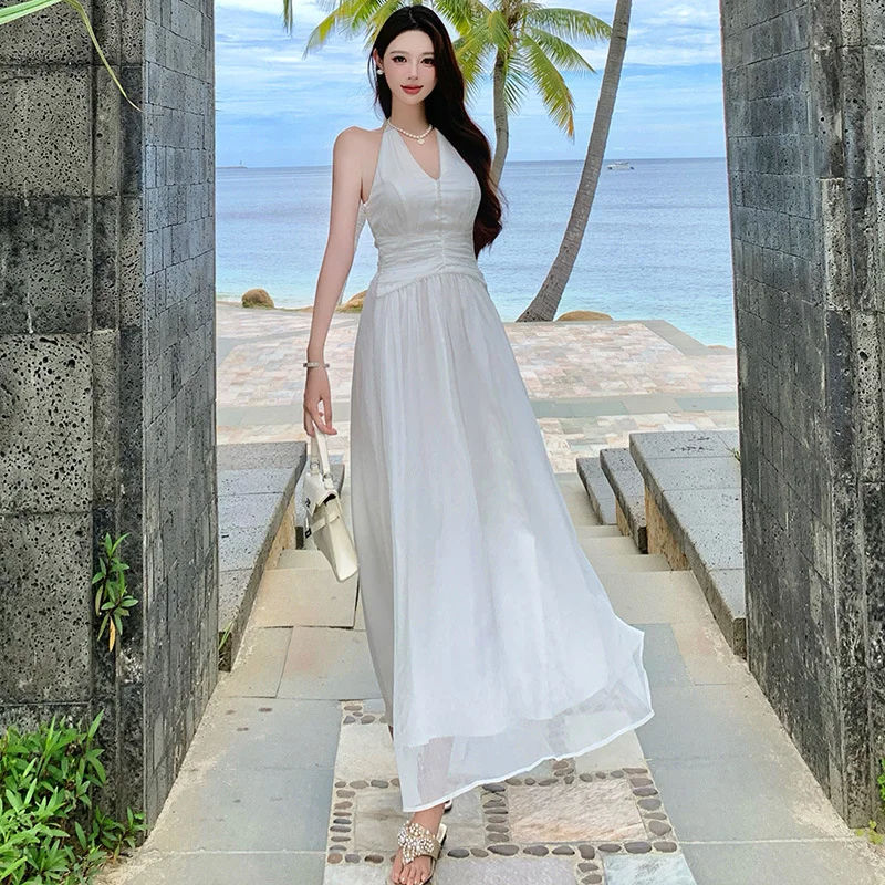 Elegant White A Line Halter Chiffon Long Prom Dresses Formal Dress