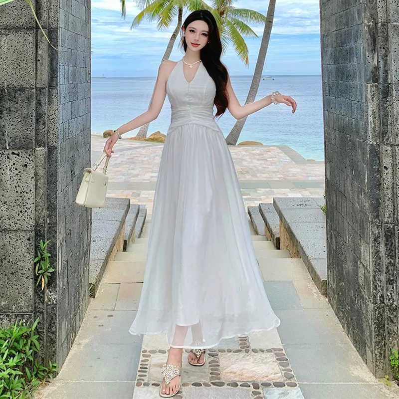 Elegant White A Line Halter Chiffon Long Prom Dresses Formal Dress
