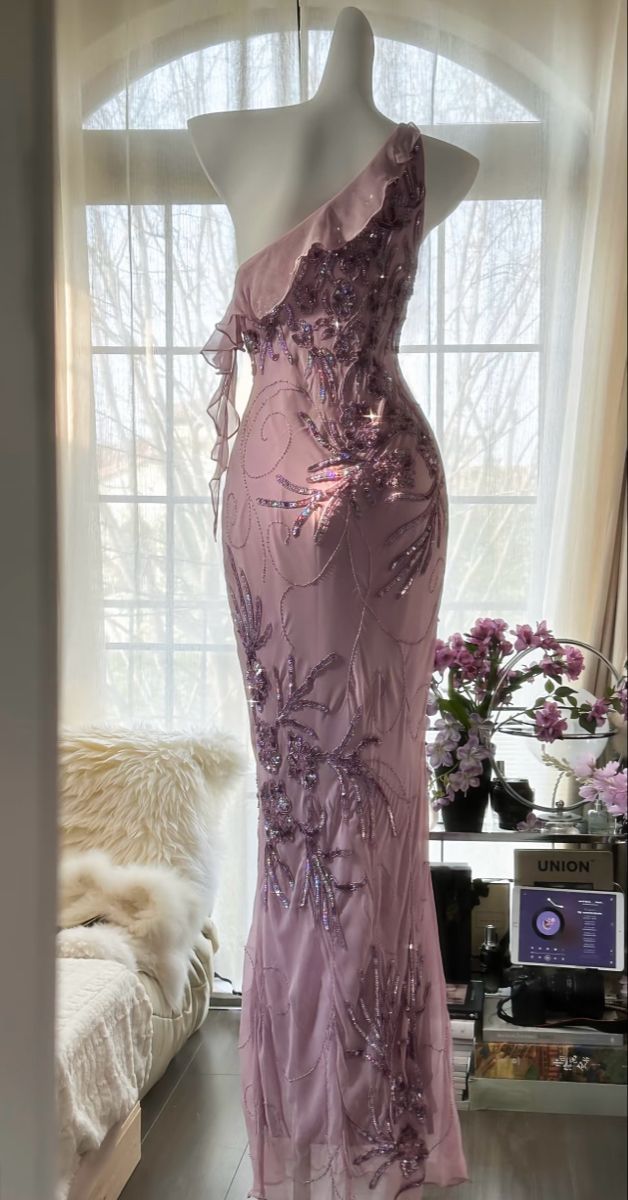 Pretty Mermaid One Shoulder Chiffon Sequin Long Prom Dresses Formal Dress