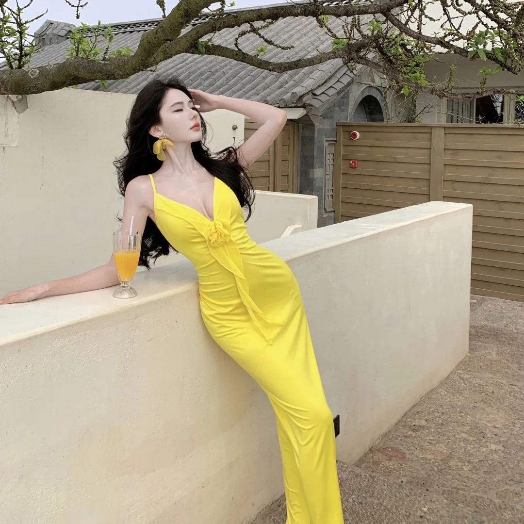 Yellow Mermaid Spaghetti Straps Satin Long Prom Dresses Formal Dress