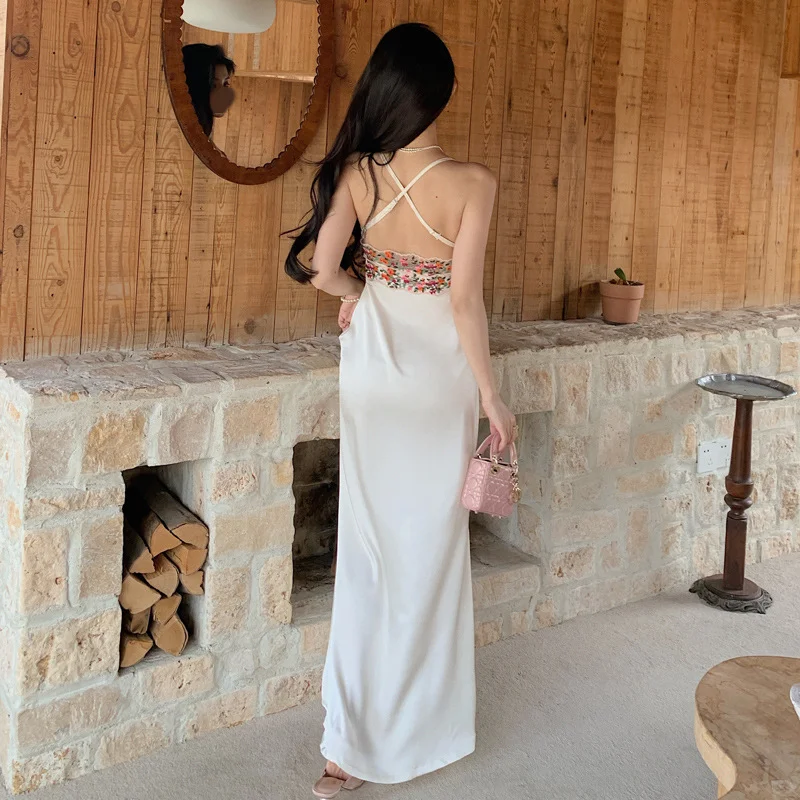 Charming Mermaid Spaghetti Straps Satin Flower Lace Long Prom Dresses Formal Dress