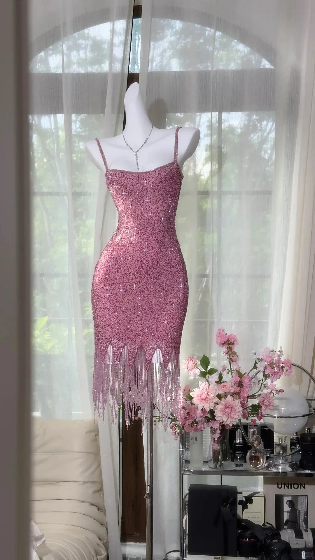 Sparkly Pink Mermaid Spaghetti Straps Sequin Tassel Short Homecoming Dress 19th Birthday Outfits