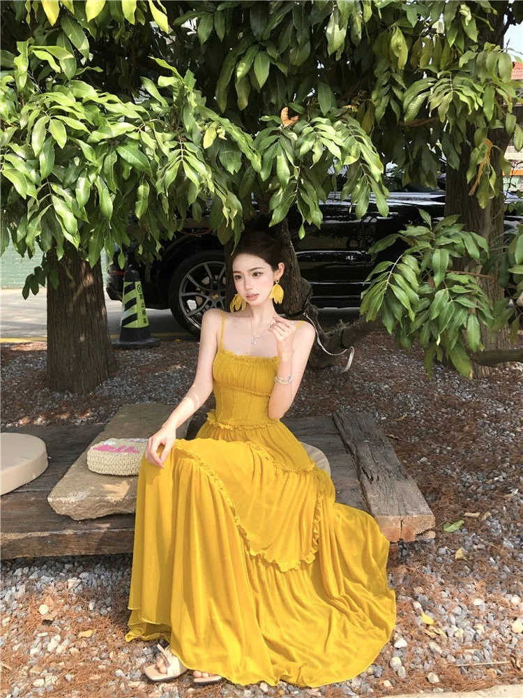 Yellow A Line Spaghetti Straps Satin Long Prom Dresses Formal Dress