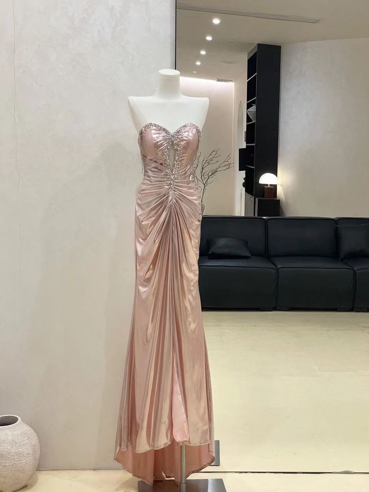 Chic Mermaid Strapless Pink Satin Beads Pleated Long Prom Dresses Formal Dress