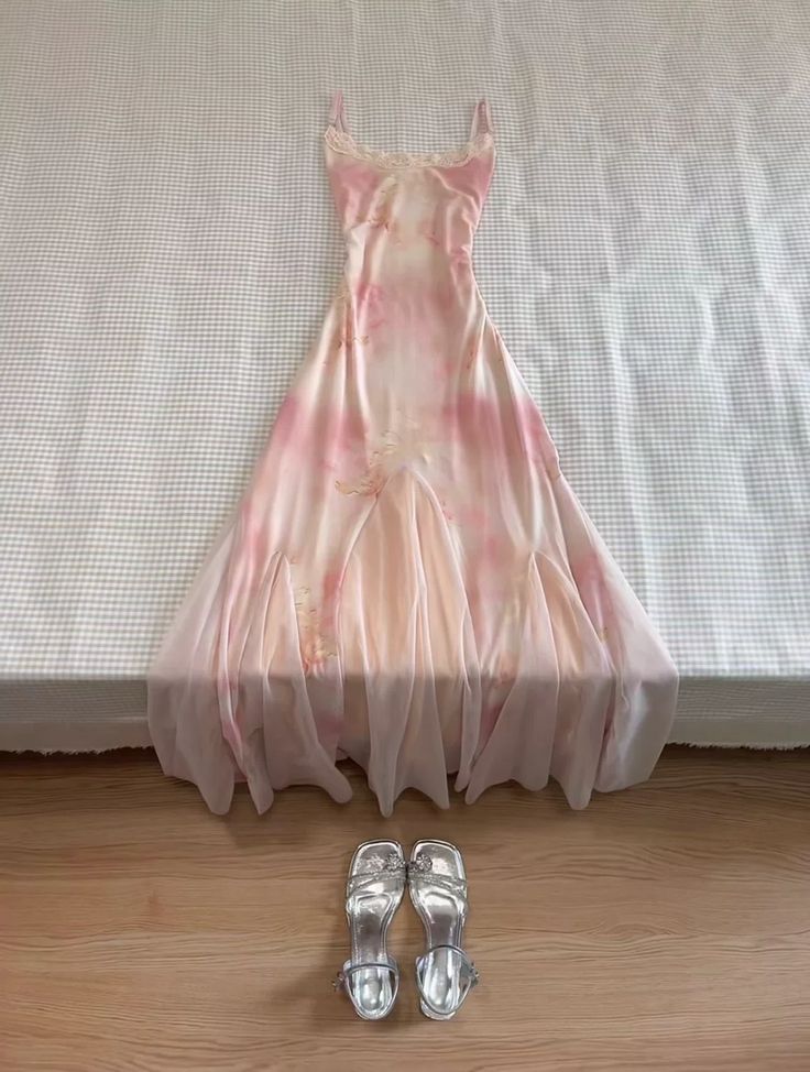 Sweet A Line Spaghetti Straps Chiffon Printed Long Prom Dresses Formal Dress